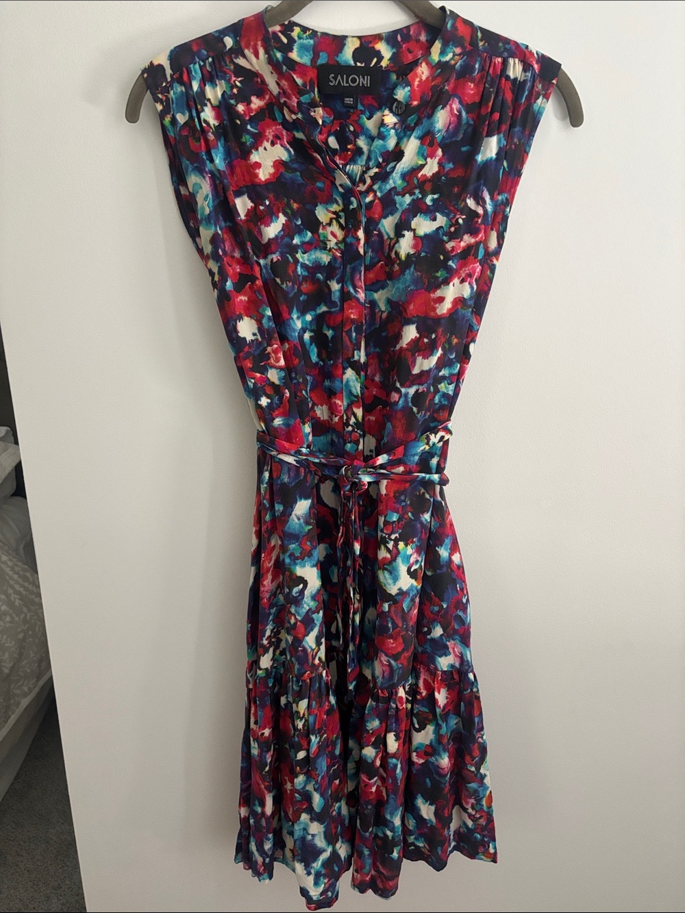 SALONI Multicolor Abstract Floral Midi Dress in Red, Blue, White